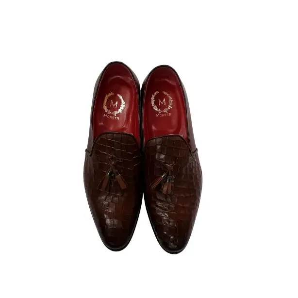 Moretti Brown Croc-Embossed Tassel Loafer